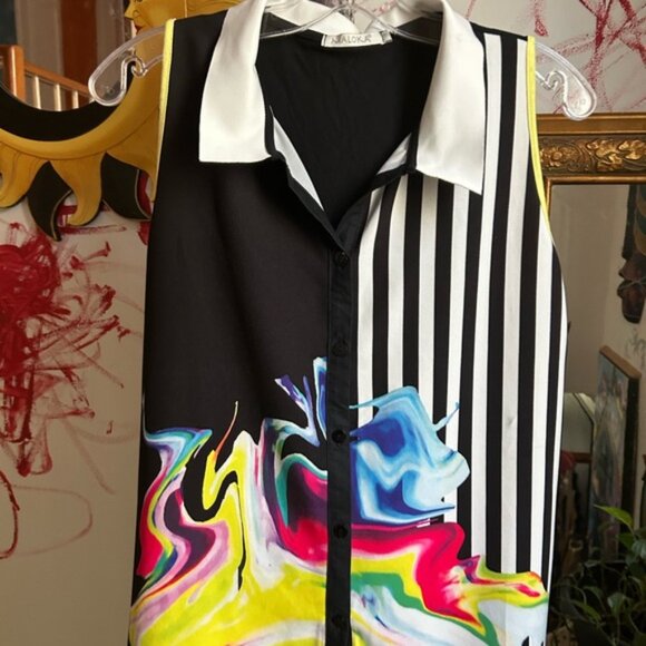 Maloka Black and White Abstract Blouse Small - Picture 14 of 15
